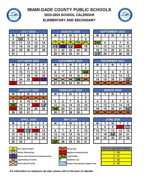 For information on employee opt days, please refer to back of calendar. . Mdcps calendar